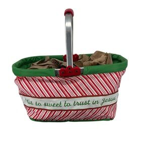Christmas‎ Candy Cane Trust in Jesus Collapsible Basket w/Handle Red White Green